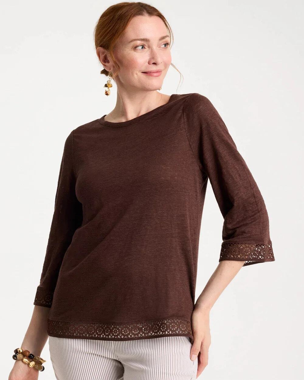 NEW Chico's Blouse Women Brown 3/4 Sleeve Floral Crochet Lace Linen Size Size XL